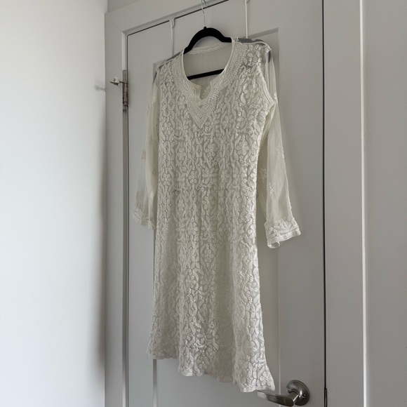 Vintage white silk tunic coverup with hand embroidery - Small - Picture 3 of 7
